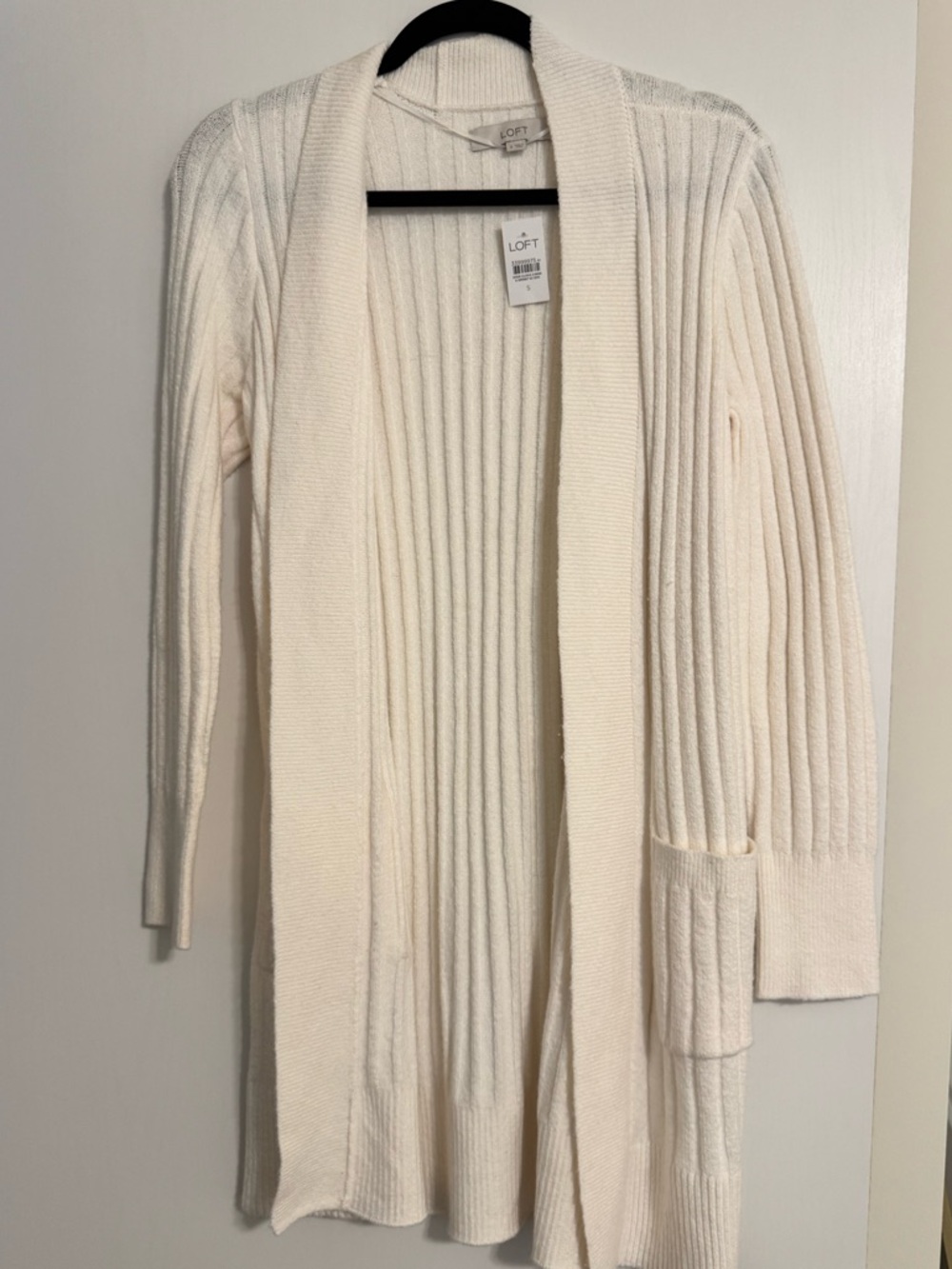 LOFT Cream Ribbed Open-Front Cardigan with Pockets